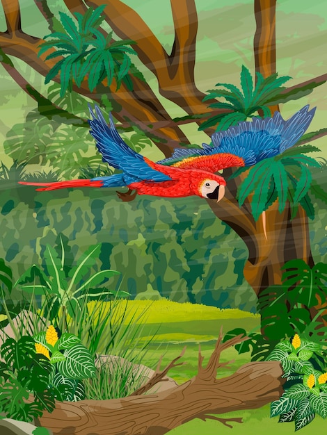 Vector a macaw parrot flies over the jungle south america and africa realistic vertical vector landscape