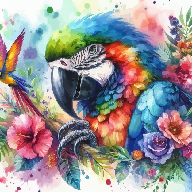 Vector macaw parrot watercolor and alcohol inks illustration