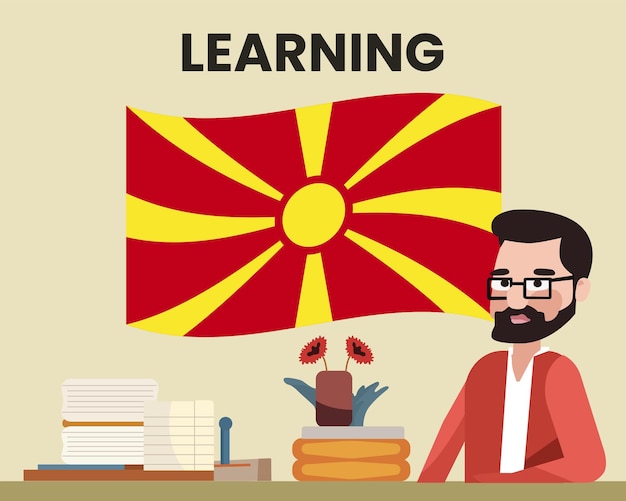 Macedonia flag with a male teacher learning or teaching Macedonia language school concept