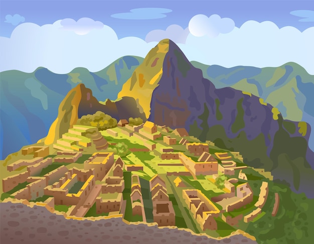 Machu Picchu in Peru Historical landmark illustration