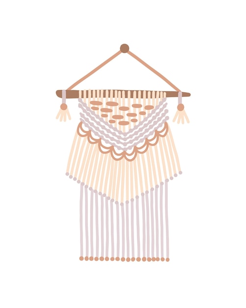 Vector macrame design vector illustration. wall hanging decoration with thread fringe and wooden beads on ends. bohemian style, ethnic handmade knot craft decor isolated on white background.