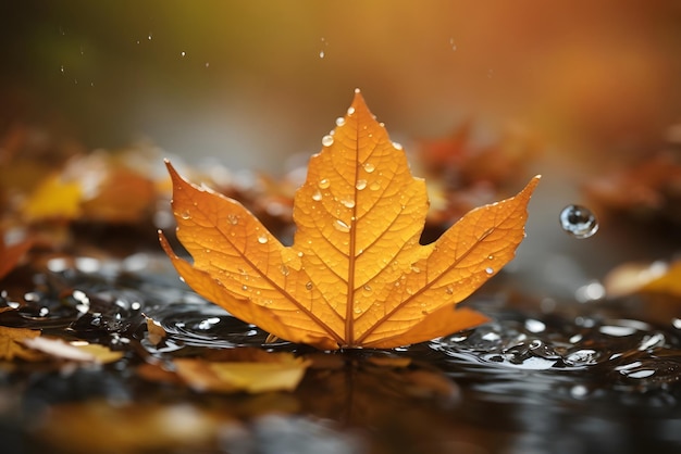 Vector macro close up of brown orange fall leaves with round rain droplets on them