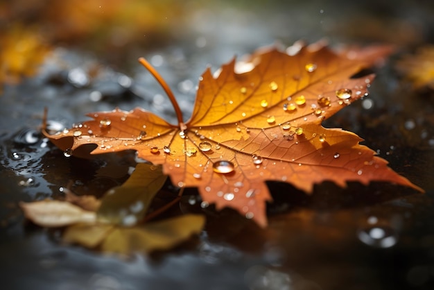 Vector macro close up of brown orange fall leaves with round rain droplets on them