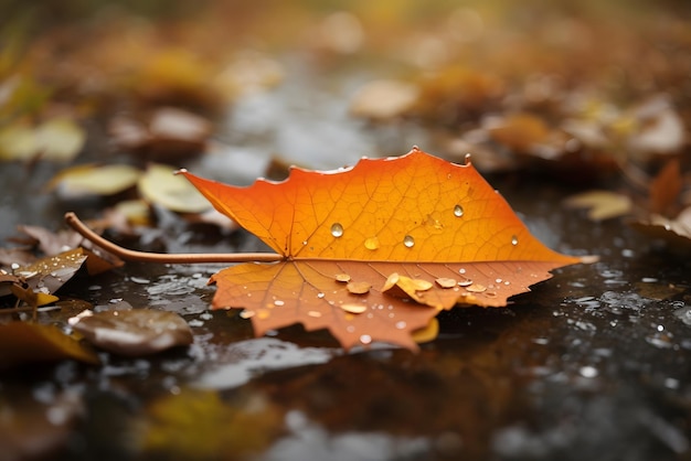 Vector macro close up of brown orange fall leaves with round rain droplets on them