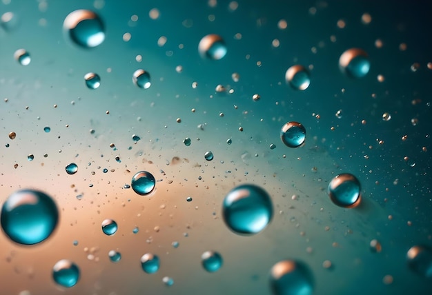 Macro photography of water droplets suspended on a textured surface reflecting iridescent colors of blue and orange creating a mesmerizing abstract pattern