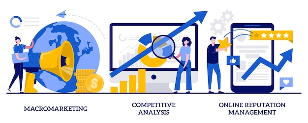 Macromarketing, competitive analysis, online reputation management concept with tiny people. Global marketing strategy  set. Market analysis, social media.