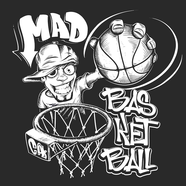 Vector mad basketball slam t-shirt print design  illustration.