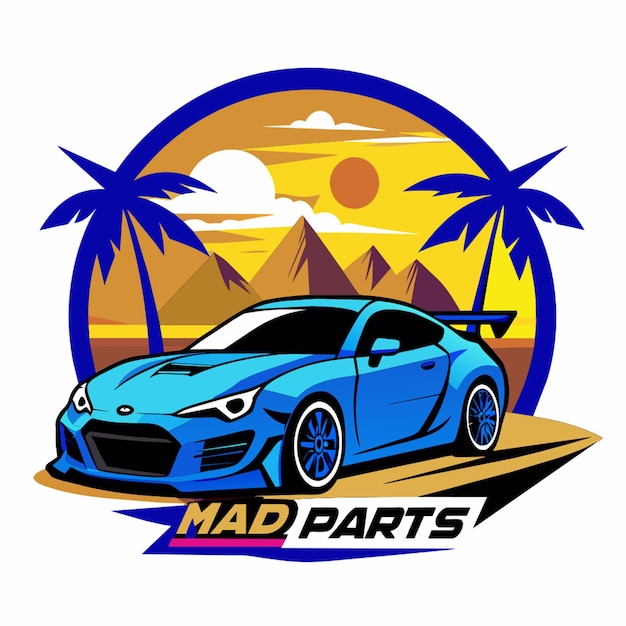 Vector mad parts logo car blue subaru brz drift racing beach sun sand hyperrealistic volumetric