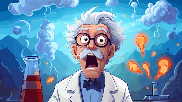 Mad Scientist Cartoon Illustration Inventive Character with Intense Expression