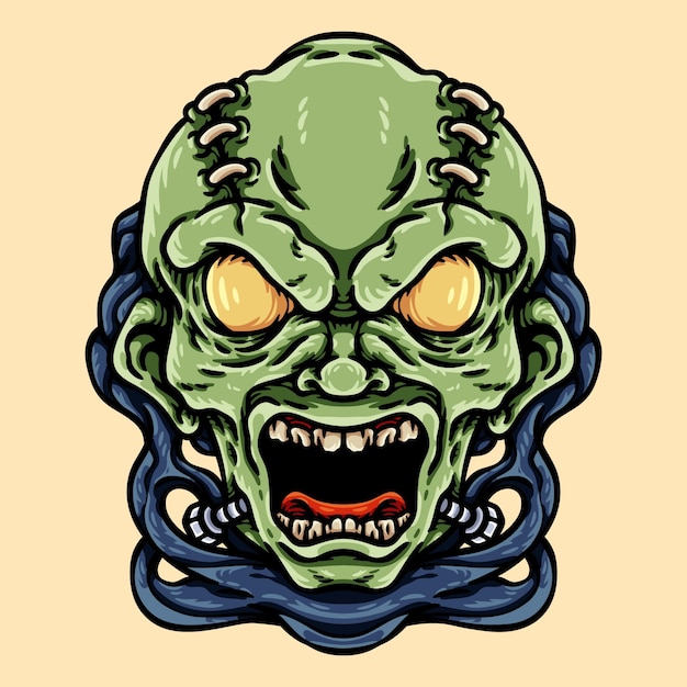 Mad Zombie Head Character Illustration