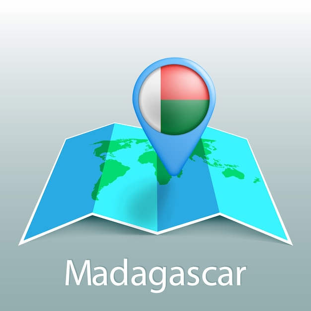 Madagascar flag world map in pin with name of country on gray background