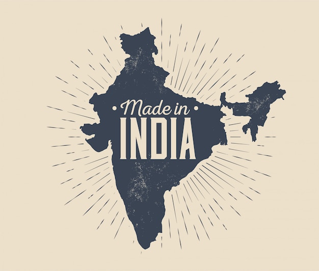 Made in India badge or label or logo design template with black India map silhouette with sunburst isolated on light background. Vintage styled illustration