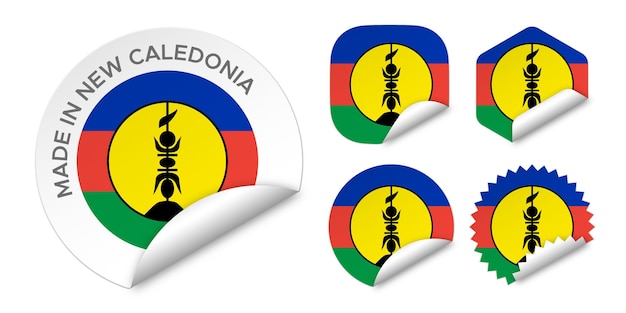 Made in New Caledonia flag sticker labels badge logo 3d vector illustration mockup isolated on white