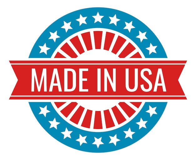 Made in USA badge. Round retro label with red ribbon