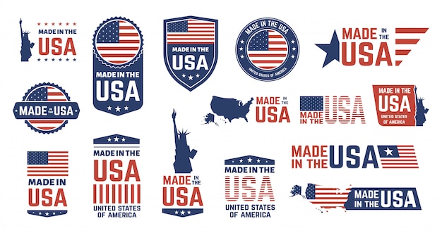 Made in USA badges. Patriot proud label stamp, American flag and national symbols, United States of America patriotic emblems  set. US product stickers, national independence day badges