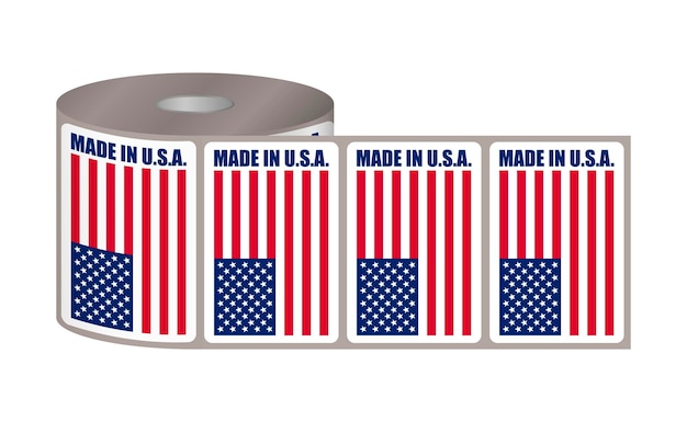 Made in USA label sticker roll vector illustration Adhesive merchandise tag with US flag on bobbin