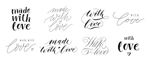 Made with love lettering Hand drawn text for handcraft goods and with love phrase typography sign for vintage letter vector set