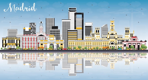 Madrid Spain Skyline with Gray Buildings, Blue Sky and Reflections. Vector Illustration. Business Travel and Tourism Concept with Historic Architecture.