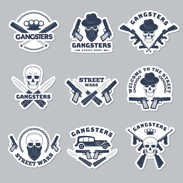 Mafia labels Gangsta stylized symbols guns bandits and hooligans silhouettes recent vector monochrome badges