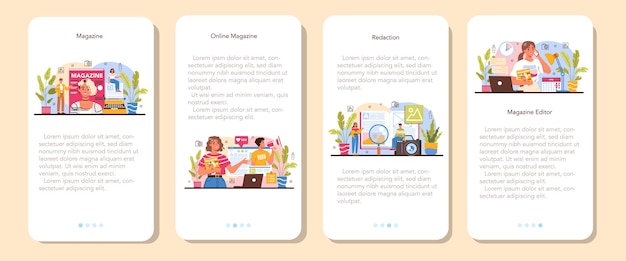 Magazine editor mobile application banner set. Journalist and designer