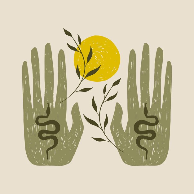 Vector magic alchemy green hand herbalist green witch vector illustration