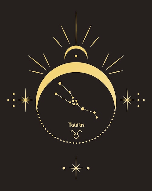 Magic astrology poster with Taurus constellation, tarot card. Golden design on a black background.