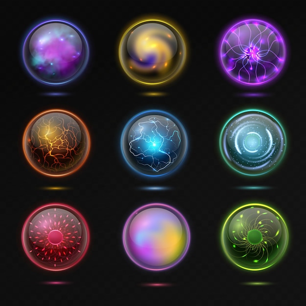 Vector magic ball. energy sphere with plasma, glowing mystery crystal orbs, spiritual glass globe occult prediction future with fantasy effects 3d illustration vector isolated set on black background