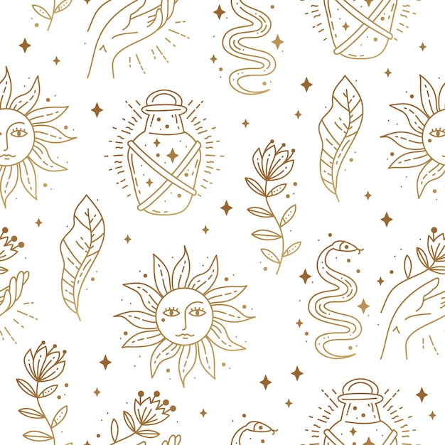 Magic boho symbols seamless pattern Backdrop of gypsy sacred elements and sign in modern boho style Golden minimal line art