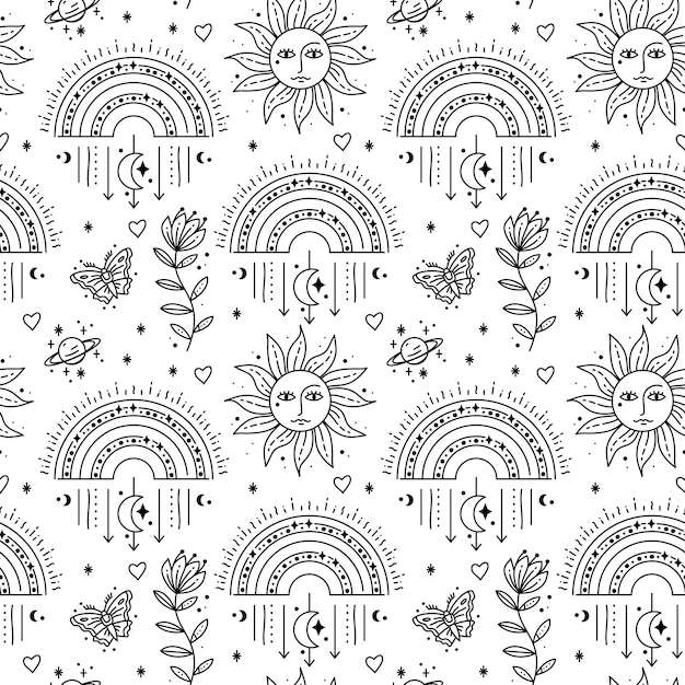 Magic boho symbols seamless pattern Backdrop of gypsy sacred elements