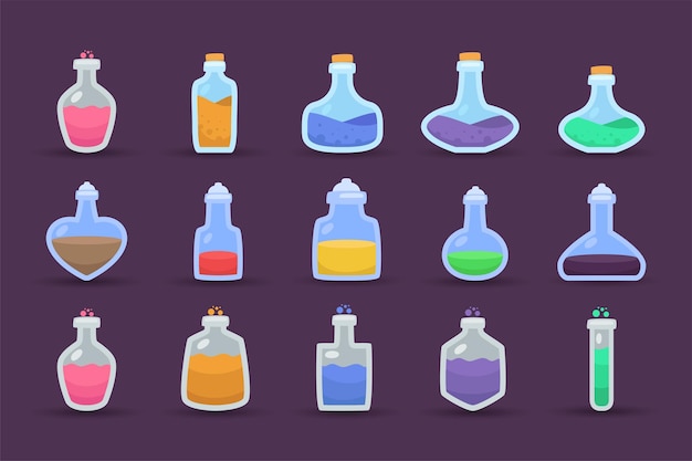 Magic bottle with colorful potions and poisonous acid illustration