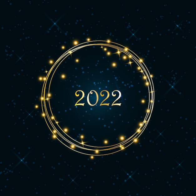 Magic bright glowing golden ring with sparkling balls and numbers on a dark blue background with shiny stars and snowflakes. Merry Christmas and Happy New Year 2022. Vector illustration.