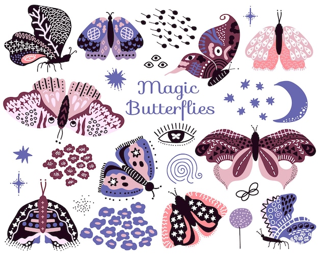 Magic butterflies and moths. Set of fantasy mystical flying insects. Moon, stars, eyes, flowers. Vector illustration