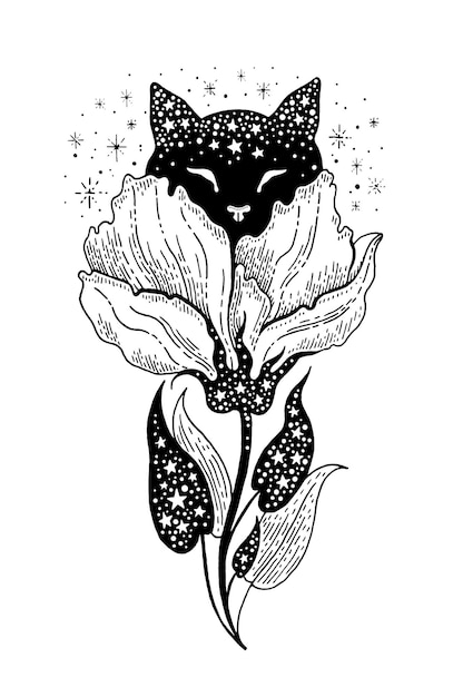 Magic cat tattoo art Mystic moon animal with psychedelic celestial flower Tribal cat head for girl print Esoteric vintage silhouette Astrology tattoo vector Fantasy black kitten magnolia flower