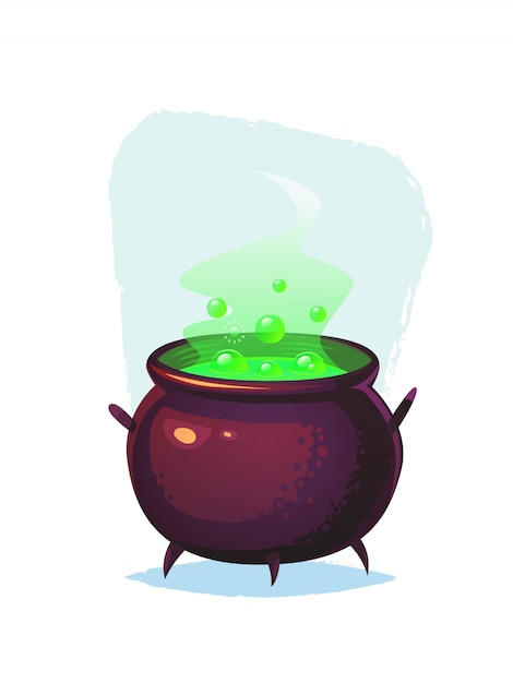 Magic cauldron with glowing green bubbling potion Cartoon halloween  illustration