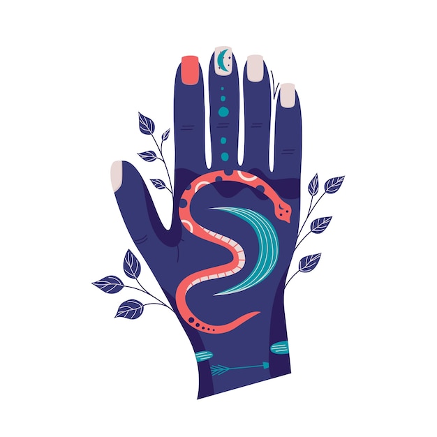 Magic celestial hand woman with moon and snake isolated Esoteric design Flat graphic vector illustration