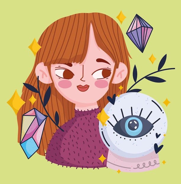 Magic cute girl with crystal ball and lucky cartoon