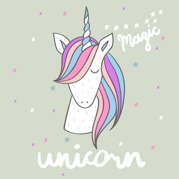 Magic cute unicorn with stars vector greeting card