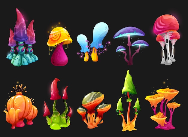 Magic fairy mushrooms cartoon toxic toadstools