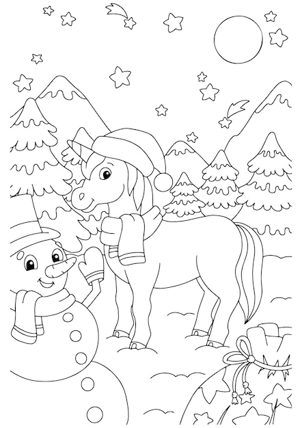 Magic fairy unicorn and snowman with gifts Cute horse Coloring book page for kids