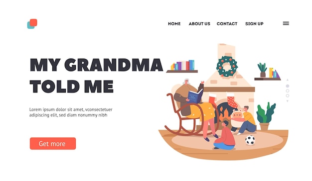 Magic Festive Night Landing Page Template Granny Reading Christmas Stories and Fairy Tales to Kids Sitting at Chair