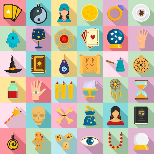 Magic fortune teller icons set. Flat set of magic fortune teller icons 