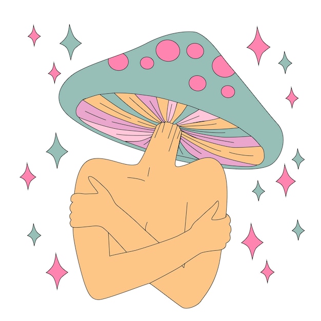 Magic girl with mushroom head. Psychedelic hallucination. 70s hippie colorful art for t-shirt