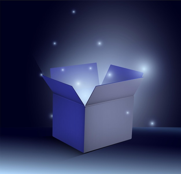 Vector magic glowing cardboard box with bright light inside opened gift container festive vector