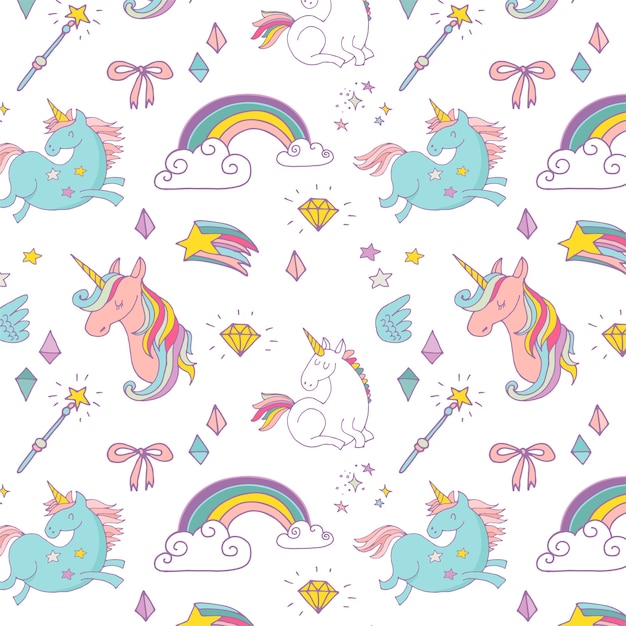 The Magic hand drawn pattern with unicorn, rainbow