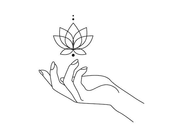 Magic hand with sacred lotus flower line art Alchemy spiritual tribal symbol for emblem yoga wellness and meditation school Esoteric and mystical design element Contour Vector illustration