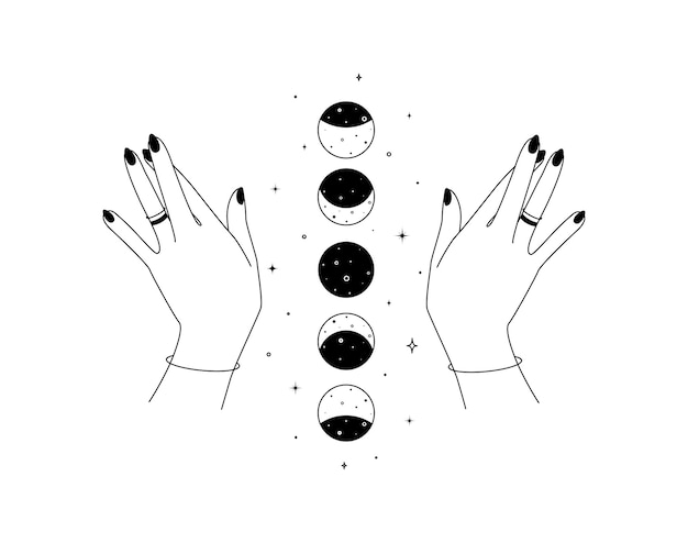 Magic hands with moon phases in thin linear style Crescent icon design template for cosmetics and packaging branding name Black doodle vector illustration