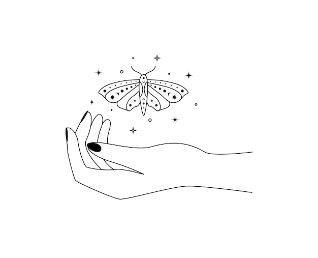 Magic hands with night butterfly outline Celestial and mystical moth wings for branding logo cosmetics and beauty products in linear style Doodle line Vector illustration