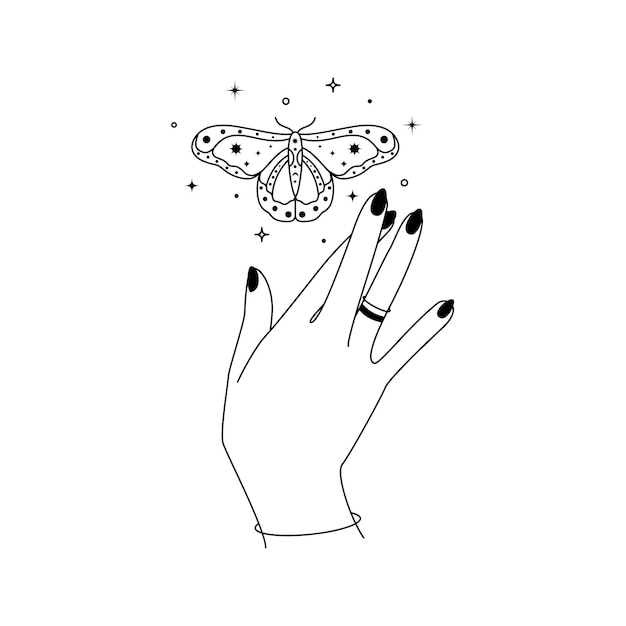 Magic hands with night moth in line art style Esoteric and mystical butterfly wings for branding or logo cosmetics and beauty products simple outlines Black Elegance Vector illustration