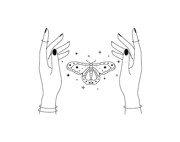 Magic hands with night moth in line art style Esoteric and mystical butterfly wings for branding or logo cosmetics and beauty products simple outlines Elegance Vector illustration