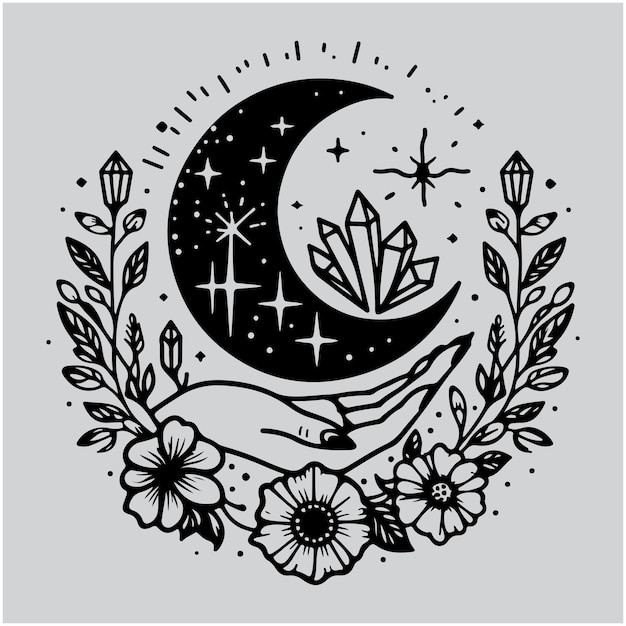 Magic Hans hold moon crystal and flowers boho logo template Feminine tattoo with simple botanical